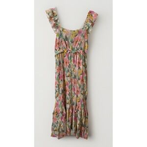 By the River Floral Ruffle Strap Maxi Dress Pink Yellow Green Boho Tiered Large